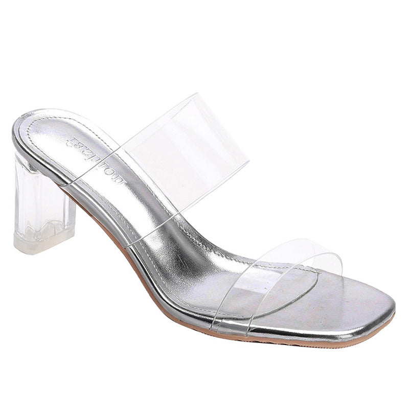 Sandals Women's High Heels Summer New Fashion Transparent Mid Heel Crystal Shoes Sandals Chunky Heel Outdoor Slippers