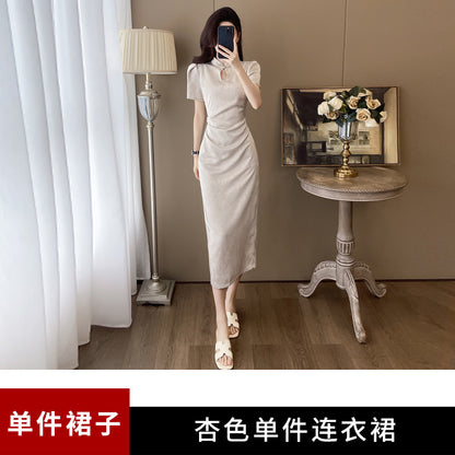 New Chinese Satin Jacquard Dress Women's Summer  New Temperament Goddess Style Young Improved Cheongsam Dress