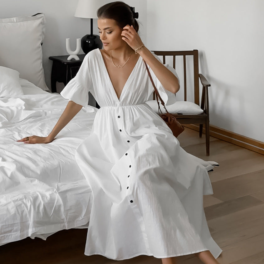 VAKKV 2025 new cotton and linen horn sleeves are comfortable and skin-friendly nightgowns for women's leisure and simple can be worn outside loungewear wholesale