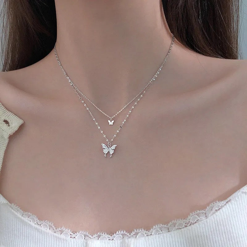 VAKKV INS Cold Butterfly Double-Layer Necklace Non-Fading Trendy Clavicle Chain Temperament Twin Necklace Internet Celebrity Joker Women