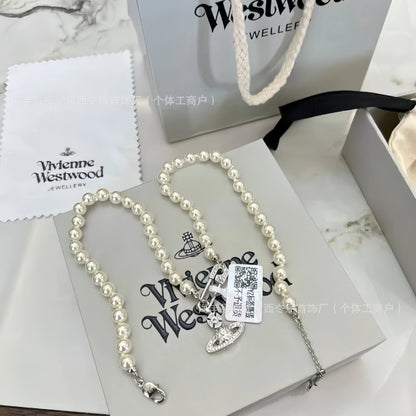 VAKKV High Version of the Queen Mother Classic Saturn Pearl Pin Necklace Weiwei'an European and American Retro Design Clavicle Chain Necklace