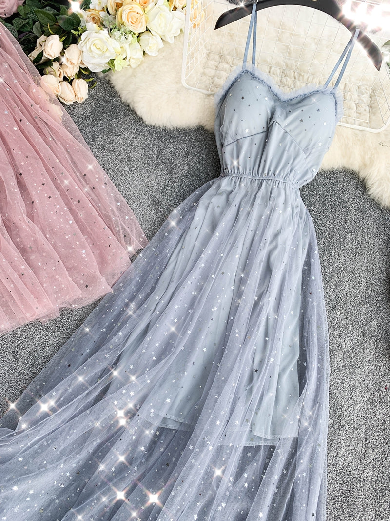 VAKKV Cute A line Sleeveless Sequin Tulle Dress Beach Summer Holiday Dress P255