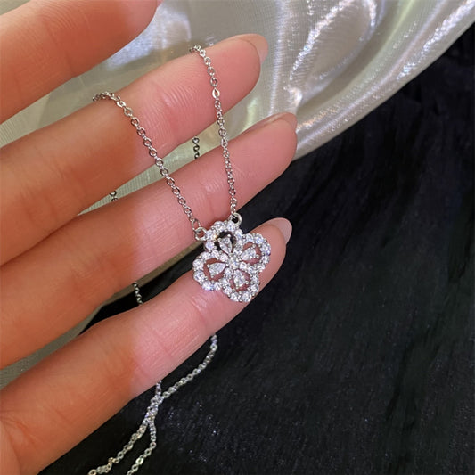 S925 Sterling Silver with Shiny Diamond Clover Necklace for Women Special-Interest Design High-Grade Light Luxury Flower Clavicle Chain Summer Ornament