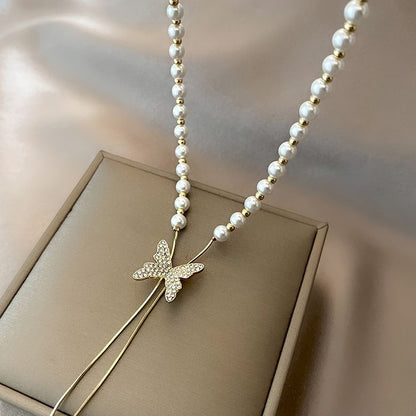 Online Influencer Fashion Personality Pearl Butterfly Necklace Ins Trendy All-Match Niche Pendant Cold Style Light Luxury Clavicle Chain