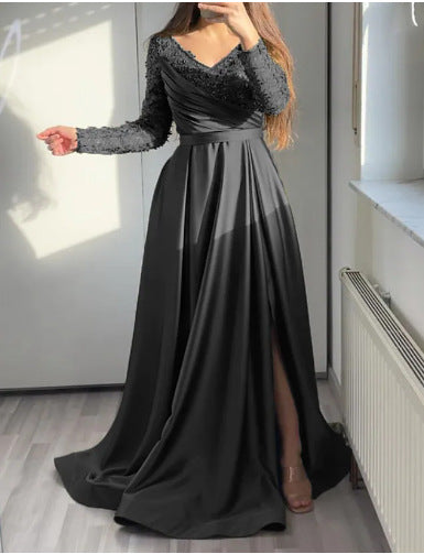 Cross-Border Chest-Wrapped Ruffled Red Black Green Mid-Waist Solid Color Elegant Lace Long Dress Dress Evening Dress