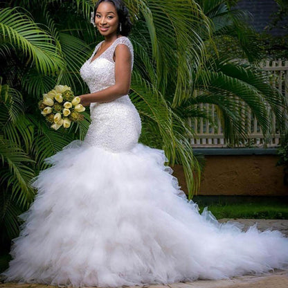 Light Luxury Beaded Bridal Wedding Dress V-neck Beaded Fishtail Dress White Ruffled Mesh Trailing Wedding Main Wedding Dress