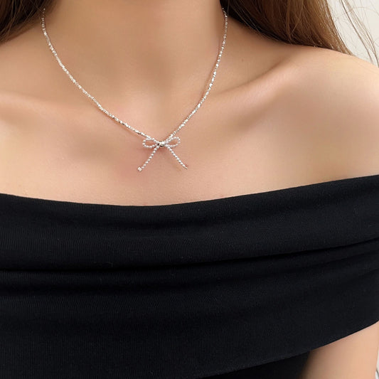 VAKKV Silver Ruitai S925 Sterling Silver Small Pieces of Silver Pearl Bow Necklace for Women Ins Light Luxury High-Grade All-Match Clavicle Chain