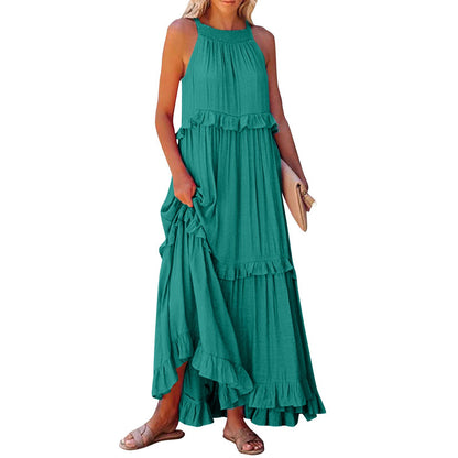 European and American 2024 Summer New Holiday Ruffled Long Dress  Wide Hem Flowy Beach Dress for Women