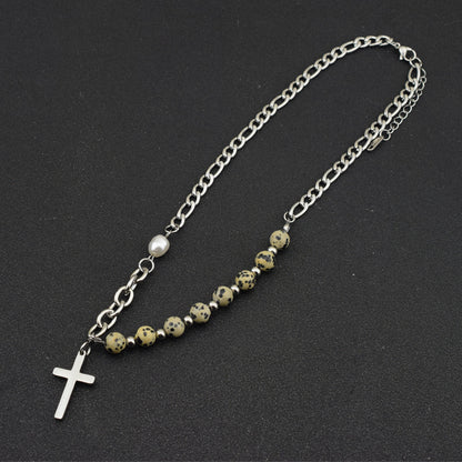 Niche Design Glass Beaded Stitching Chain Cross Pendant Necklace Tide Personalized Hip Hop Clavicle Chain Jewelry