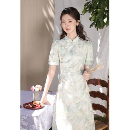 VAKKV Fresh Style Green Floating New Chinese Style Light Green Short Sleeve Dress Ancient Style Tight Waist Niche Elegant Thin Fresh Cold Style Cheongsam