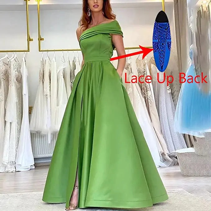 VAKKV  Foreign Trade One Shoulder Satin Dress  Evening Dress Birthday Banquet Pettiskirt Green High Slit Sexy Jumpsuit