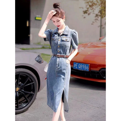 Retro Short Sleeve Soft Denim Dress Female  New Summer Thin Elegant High Sense Petite Skirt