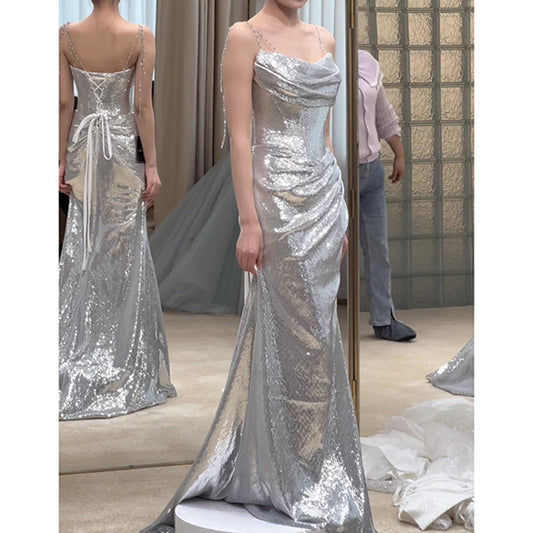 VSKKV Silver Evening Dress  New Light Luxury Temperament Socialite Host Banquet Dress Bridal Sling Toast Dress for Women