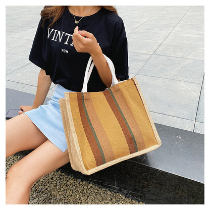 Cross-Border  New Large Capacity Tote Bag Fashion Stripe Trendy Women's Canvas Underarm Shoulder Bag Wholesale