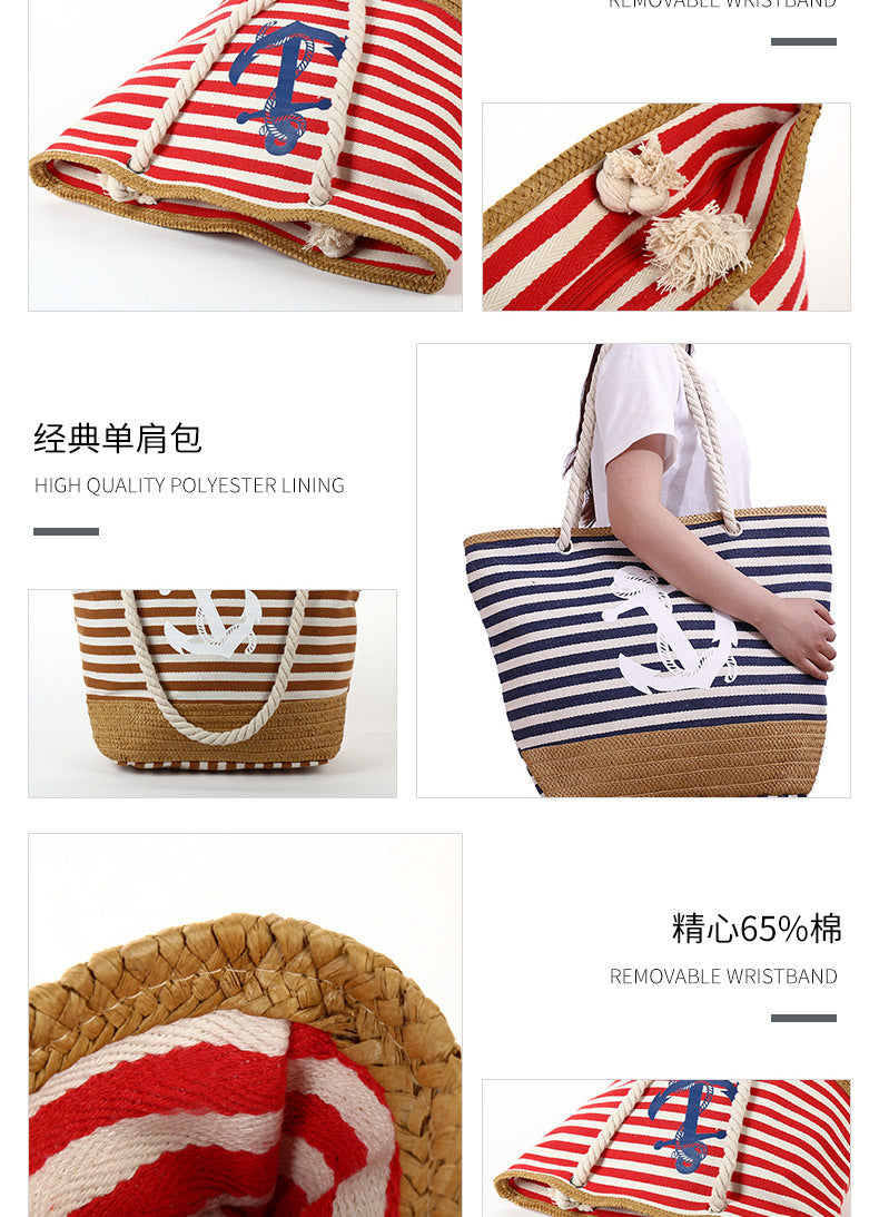 Exclusive for Cross-Border Casual Fashion Beach Bag Factory Direct Sales Summer Large Capacity SATINE Striped Beach Bag