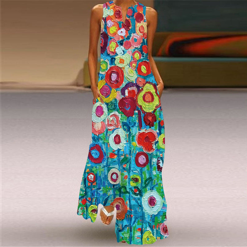 2024 Summer New New European and American Retro Printed Dress V-neck Multicolor Long Sexy Sleeveless Dress