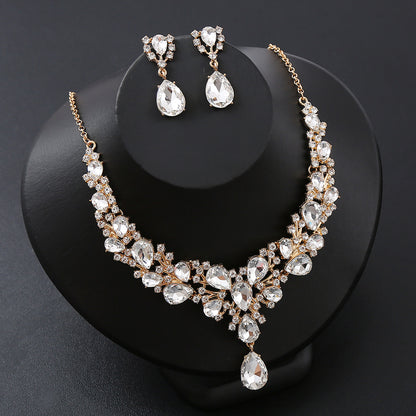 vakkv  Cross-Border E-Commerce Water Drop Super Shiny Rich Bridal Necklace Three-Piece Zircon New Style Necklaces Gem Short Crystal