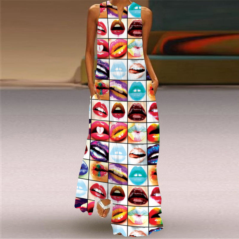 2024 Summer New New European and American Retro Printed Dress V-neck Multicolor Long Sexy Sleeveless Dress