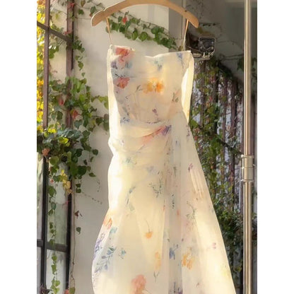 French retro floral slip dress women's spring 2024 new slim and thin design sweet and spicy long skirt