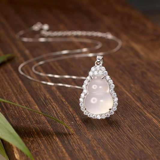 S925 Sterling Silver High Ice Chalcedony Gourd Necklace National Fashion Necklace Ornament Fu Green Gourd White Ice Transparent Jade Fashion Elegant