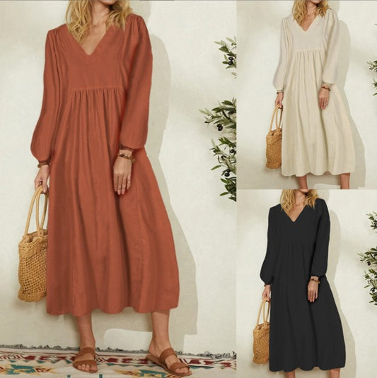 Foreign Trade Women's Clothing  Spring New  Fashion Women's Wear Cotton and Linen Loose Lantern Sleeve Dress