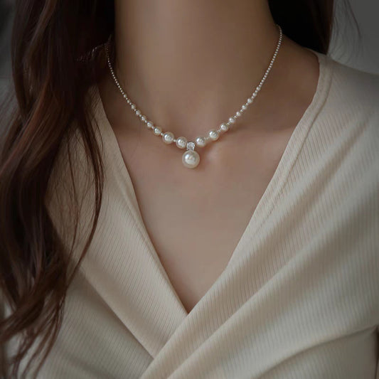 Shijia Baby Pearl Gradient Clavicle Chain Small Pieces of Silver Necklace Female Special-Interest Design Light Luxury Necklace Fashion Sweater Chain