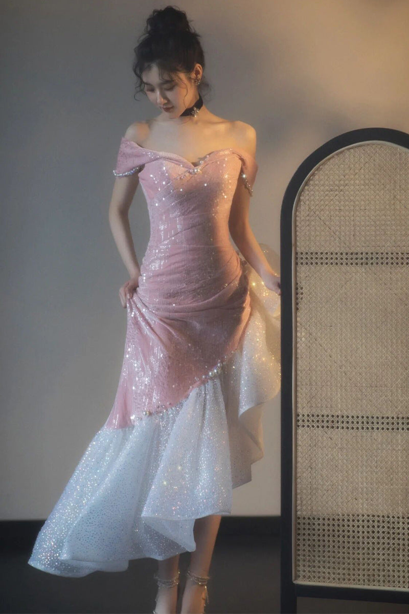 VAKKV Pink off-Shoulder Engagement Formal Dress Fishtail Toast Dress Bride  New Annual Meeting Small Man Host Evening Dress