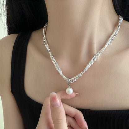 vakkv Shijia Light Luxury Minority Twin S925 Sterling Silver Small Pieces of Silver Pearl Necklace for Women Summer  New Necklace Clavicle Chain