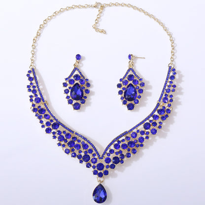 D416 Exquisite Colorful Crystal Glass Drop-Shaped Necklace Earrings Wedding Decoration Two-Piece Set Bridal Jewelry