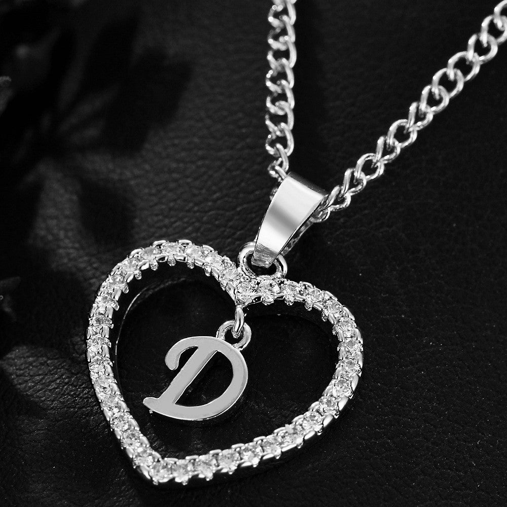 In Stock Direct Selling Exclusive for Cross-Border Letter Necklace 26 Letter Heart-Shaped Zircon Necklace Jewelry Love Heart Pendant Necklace