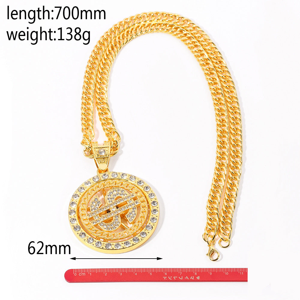 Cross-Border Fashion 360-Degree Rotating US Dollar Pendant Diamond Gold Coin Rotating Cuban Pendant Necklace Ornament