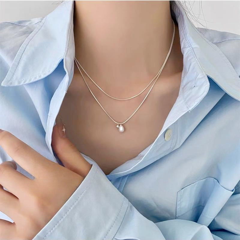 vakkv  Double-Layer Twin Pearl Necklace for Women  New Special Interest Light Luxury High-Grade Clavicle Chain Simple Graceful Necklace