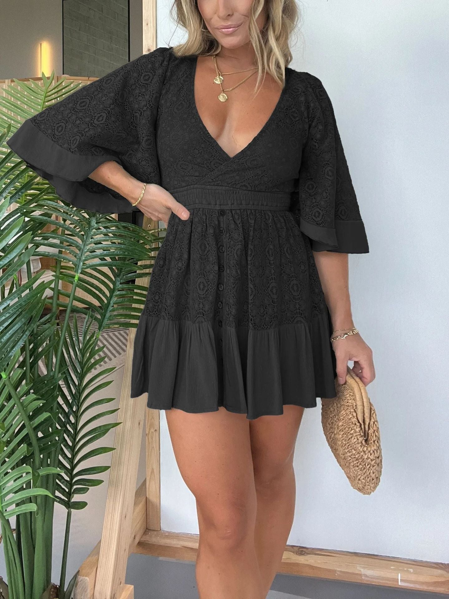 2024 Summer European and American Hot Trade   Wish New Women's Lace Stitching Batwing Sleeve Dress