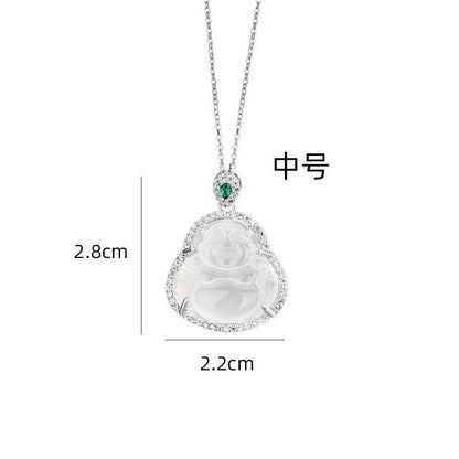 S925 Sterling Silver Diamond White Chalcedony Maitreya Necklace New Chinese Style Simple and Light Luxury Exquisite Buddha Statue Jade Clavicle Chain