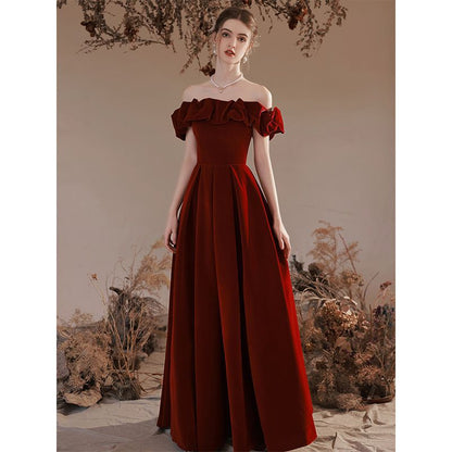 VAKKV  TOAST Clothing Bride off-Shoulder Velvet New Marriage Engagement Wine Red Dress Female Daily Style Wholesale