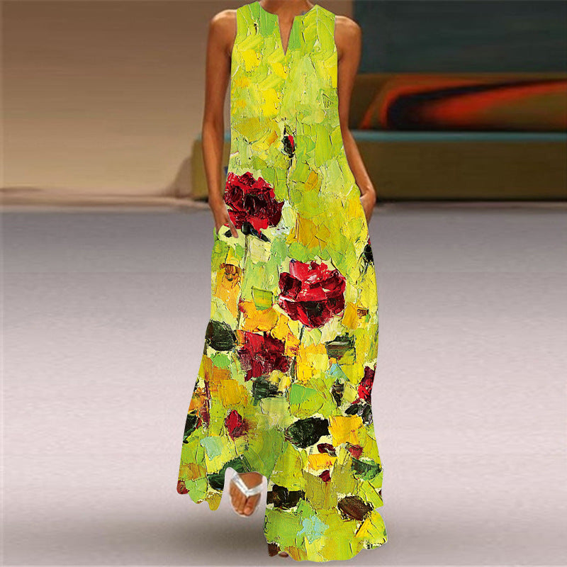 2024 Summer New New European and American Retro Printed Dress V-neck Multicolor Long Sexy Sleeveless Dress