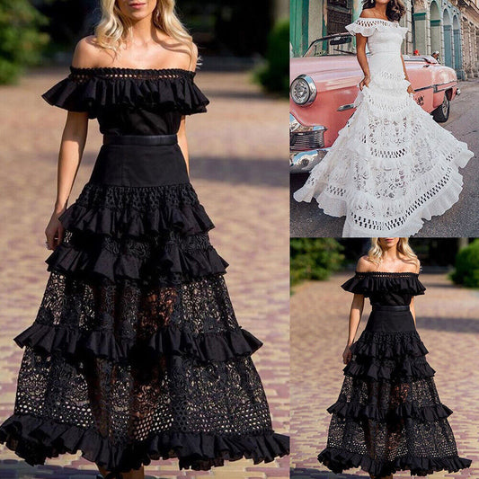 2024  Summer New European and American Hot Trade Women's Clothing off-Shoulder Ruffled Hollow-out Wide Hem Lace Dress Dress