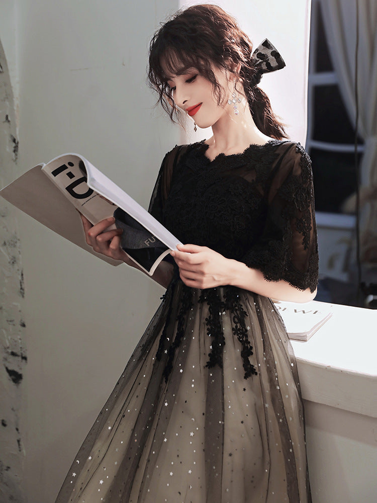 Annual Party Evening Dress Female  New Spring and Summer Temperament Banquet Cover Belly Black Slimming Daily Style Host