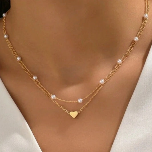 Cross Border Pearl Heart Necklace All-Match Pearl Multi-Layer Pendant Clavicle Chain Women's Retro Multi-Layer Twin Necklace