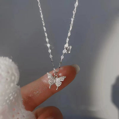 S925 Sterling Silver Butterfly Necklace Female Zircon High-Grade Light Luxury Autumn and Winter Clavicle Chain Non-Fading Hot Tassel Pendant