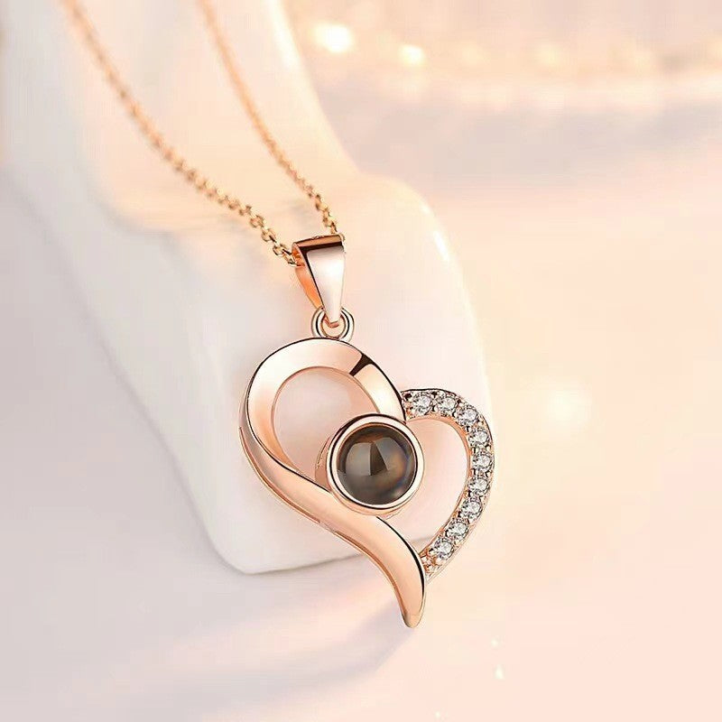 Cross-Border Hot Selling 100 Languages I Love You Projection Necklace TikTok Same Style Oblique Peach Heart Memory Titanium Steel Clavicle Chain