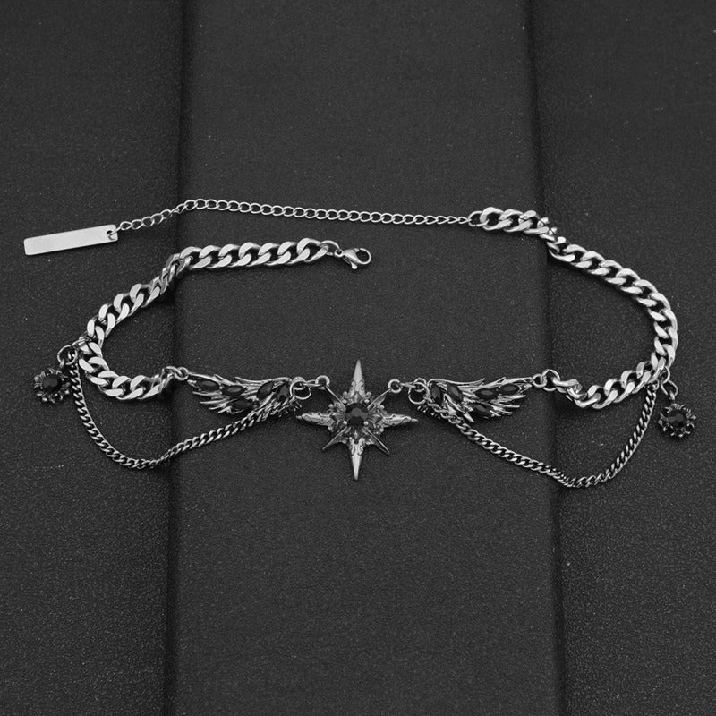 vakkv Dark Style Wings Eight-Pointed Stars Necklace Subculture Y2g Sweet Cool Hot Girl Punk Wings Necklace Sweater Chain Clavicle Chain