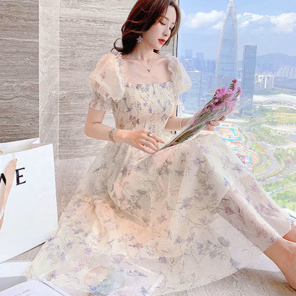 2024 Summer New  Ink Painting Puff Sleeve Waist Slimming Elegant Lady Floral Short Sleeve Dress Women