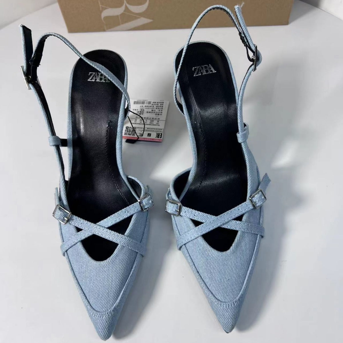 Sky Blue Denim Pointed Buckle High Heel Sandals Cross Strap  New Women's Shoes Za High Heels  Style