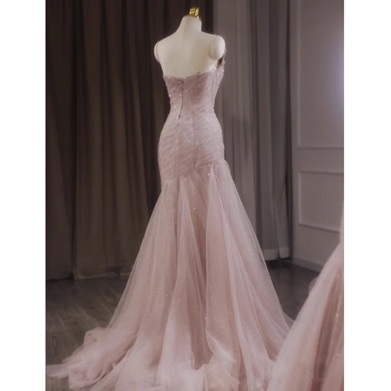Style Evening Dress Women's Fishtail Trailing Light Luxury Pink Sling Fairy Host Long Adult Ceremony Engagement Dress
