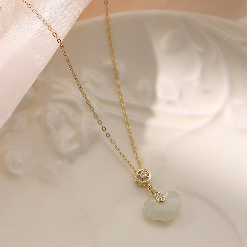 vakkv  National Fashion Safety Lock Hetian Jade Necklace Women's Sterling Silver Retro Chinese Style New Chinese Style Clavicle Chain Lock of Good Wishes Necklace