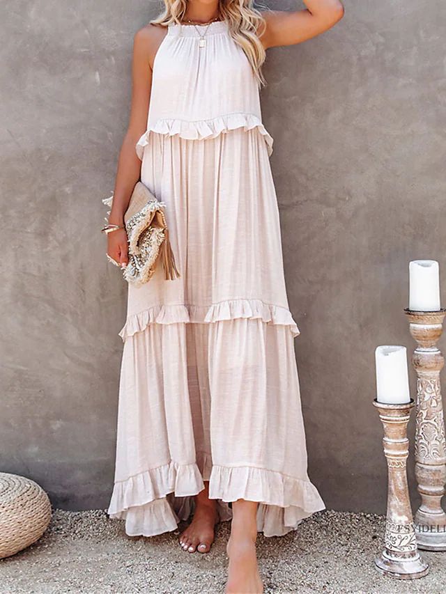 European and American 2024 Summer New Holiday Ruffled Long Dress  Wide Hem Flowy Beach Dress for Women