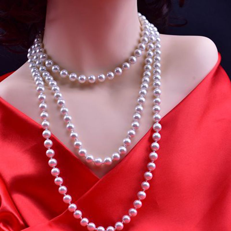 VAKKV European and American Fashion Glass Imitation Pearl Necklace Women's Simple Knot Multi-Layer Long Sweater Chain Clothing Accessories Wholesale