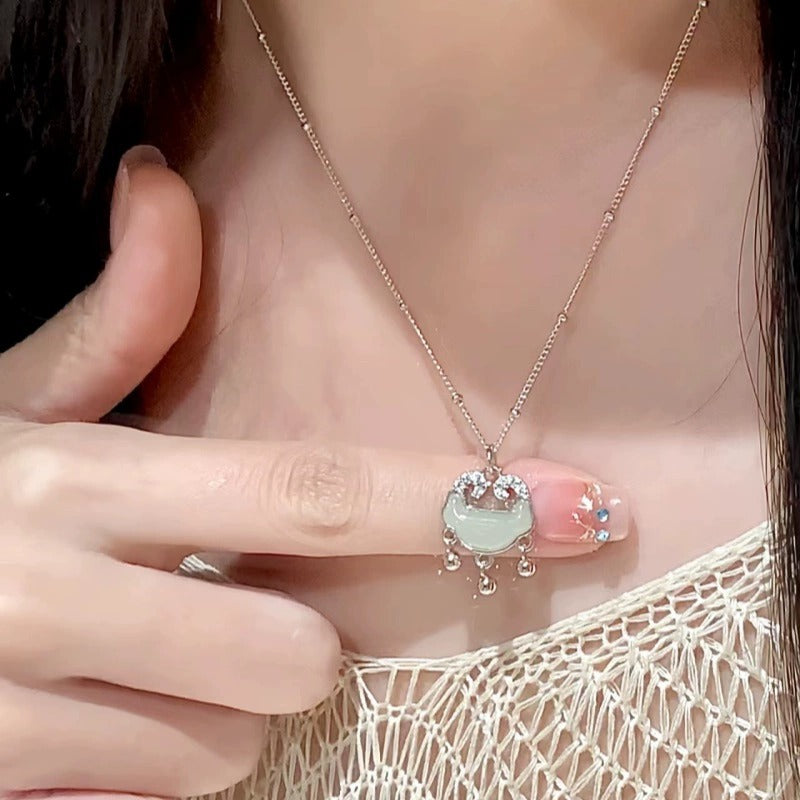 S925 Sterling Silver Chalcedony Safety Lock Necklace Women's Light Luxury Minority Design New Chinese Clavicle Chain Gift for Mother's Day