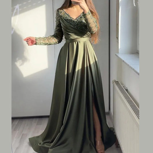 Cross-Border Chest-Wrapped Ruffled Red Black Green Mid-Waist Solid Color Elegant Lace Long Dress Dress Evening Dress